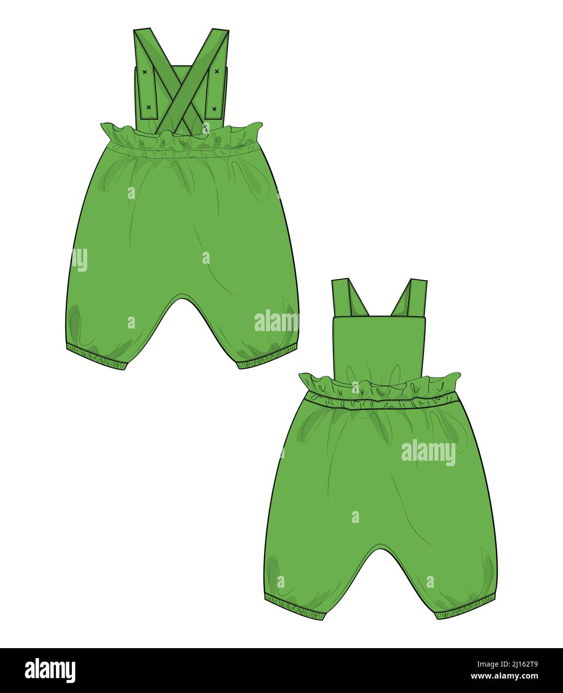 Enfants Dungaree Dress Design technique mode Flat esquisse Vector Illustration Template vues avant et arrière. Dessin de vêtements couleur verte maquette bébé g Illustration de Vecteur