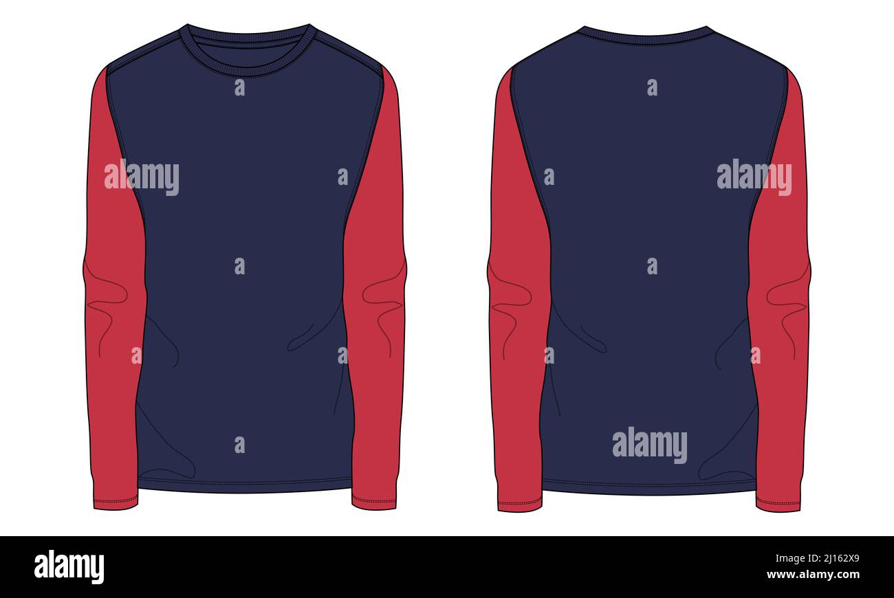 Manches longues Slim FIT deux tons noir, rouge couleur t shirt technique mode dessin plat vecteur illustration modèle avant, arrière vues isolées sur blanc Illustration de Vecteur