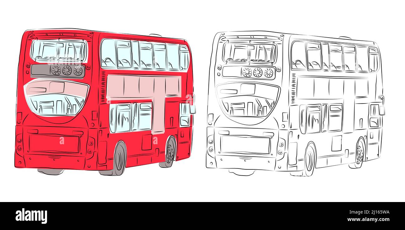 Bus londonien moderne à impériale rouge et dessin au crayon avec vue arrière. Bus rouge. Illustration de Vecteur