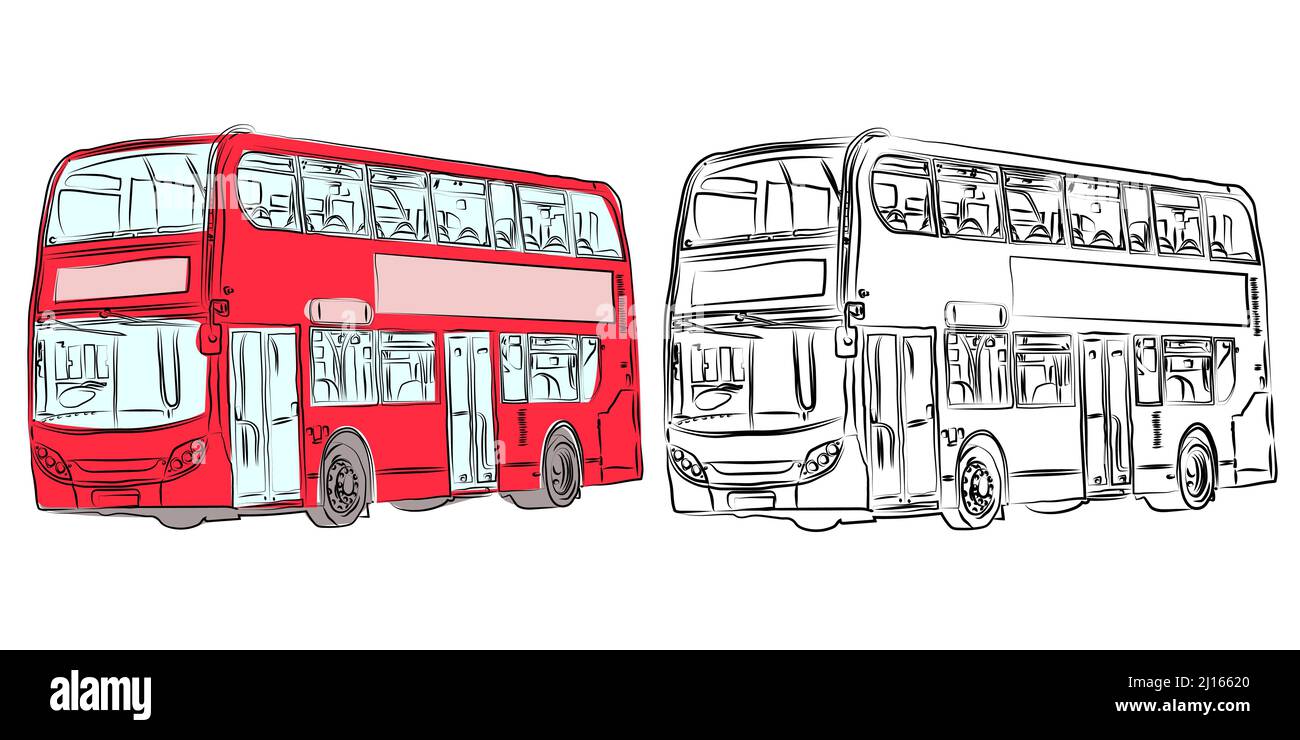 Bus londonien moderne à impériale rouge et dessin au crayon avec vue de face. Bus rouge. Illustration de Vecteur