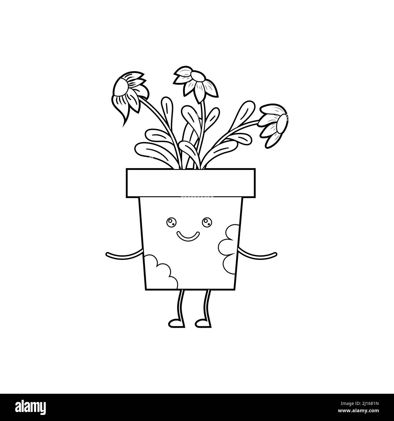 Livre de coloriage pour enfants, fleurs de dessin animé mignonnes dans un pot de kawaii. Illustration de Vecteur