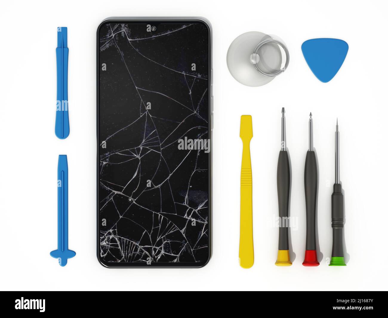 Outils de réparation et smartphones avec écrans cassés isolés sur fond blanc. 3D illustration. Banque D'Images