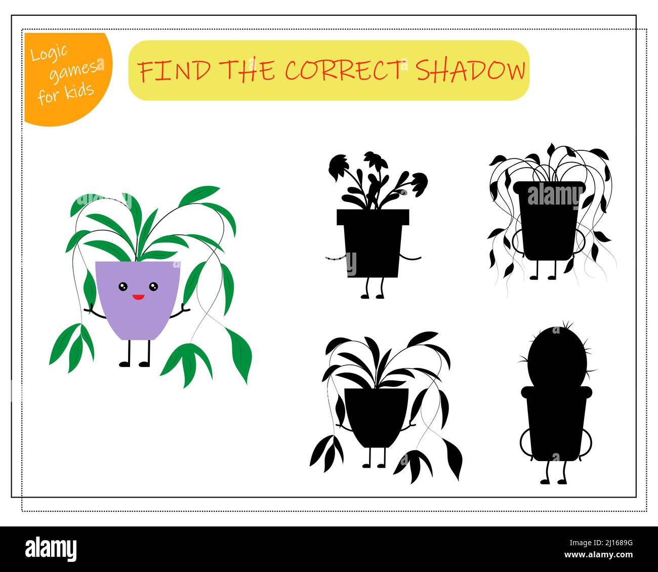 Jeu logique pour enfants trouver l'ombre droite, jolie fleur de dessin animé dans un pot de kawaii. Illustration de Vecteur