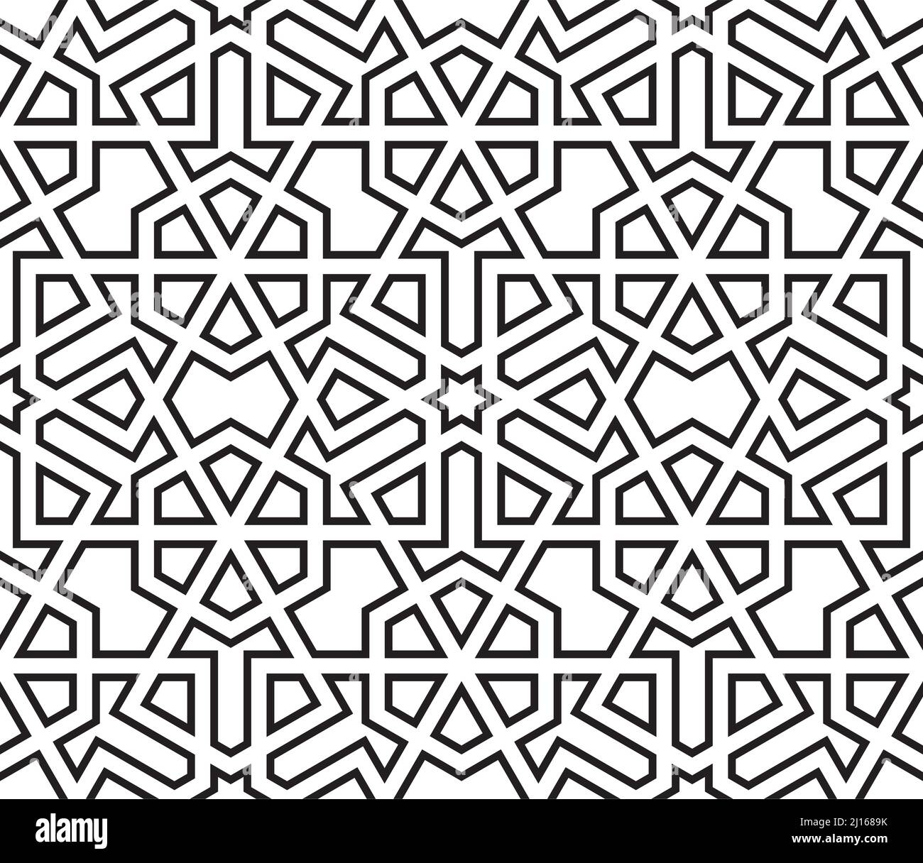 Décoration géométrique sans couture basée sur l'art islamique traditionnel noir et blanc. Excellent design pour le tissu, le textile, la couverture, le papier d'emballage, l'arrière-plan. Illustration de Vecteur