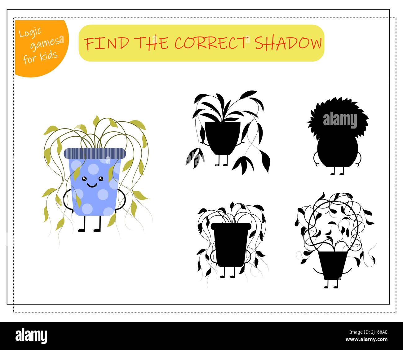 Jeu logique pour enfants trouver l'ombre droite, jolie fleur de dessin animé dans un pot de kawaii. Illustration de Vecteur