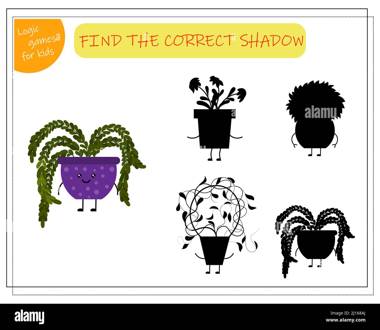 Jeu logique pour enfants trouver l'ombre droite, jolie fleur de dessin animé dans un pot de kawaii. Illustration de Vecteur