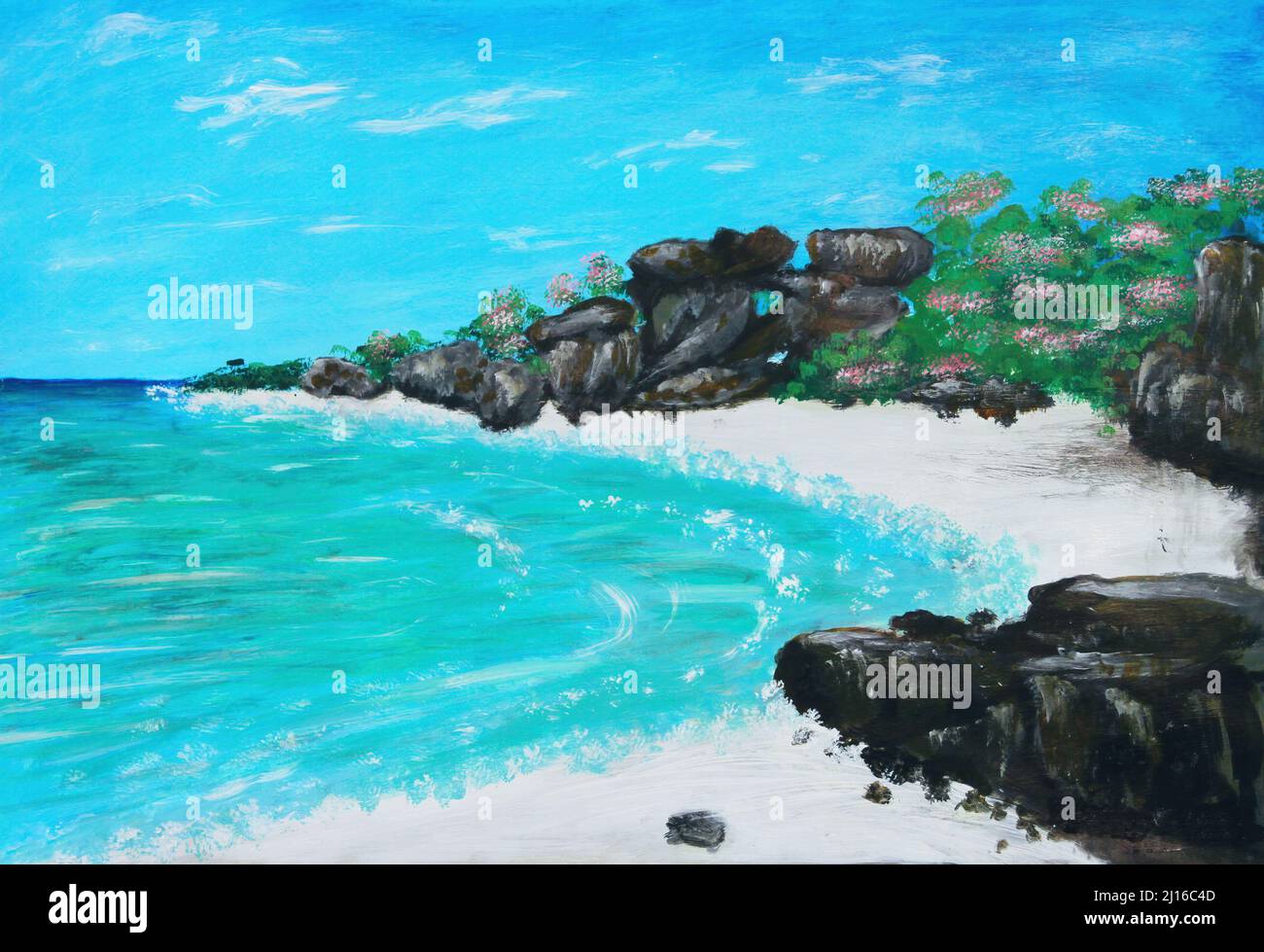 Peinture à l'huile sur toile de crique tropicale isolée avec blanc plage de sable et rive rocheuse Banque D'Images