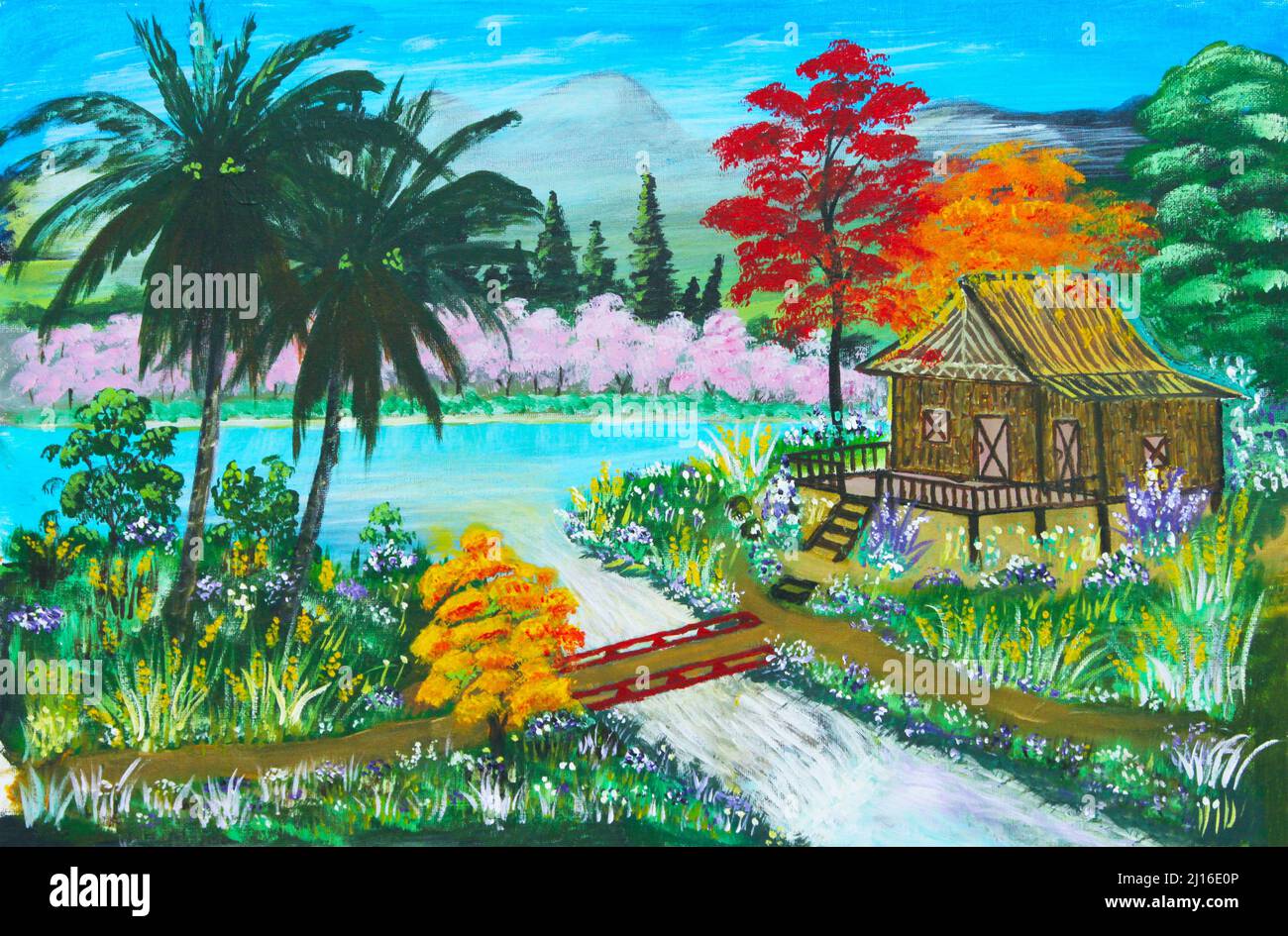 Peinture à l'huile sur toile de ferme rurale thaïlandaise ou hutte à côté d'un ruisseau qui coule Banque D'Images