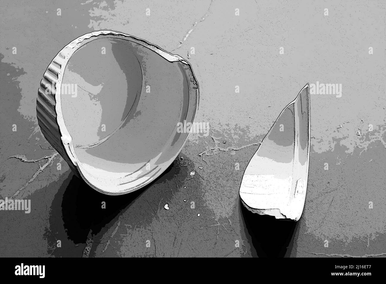 Illustration d'un bol de cuisson blanc cassé avec des fragments sur le sol noir de la cuisine Banque D'Images