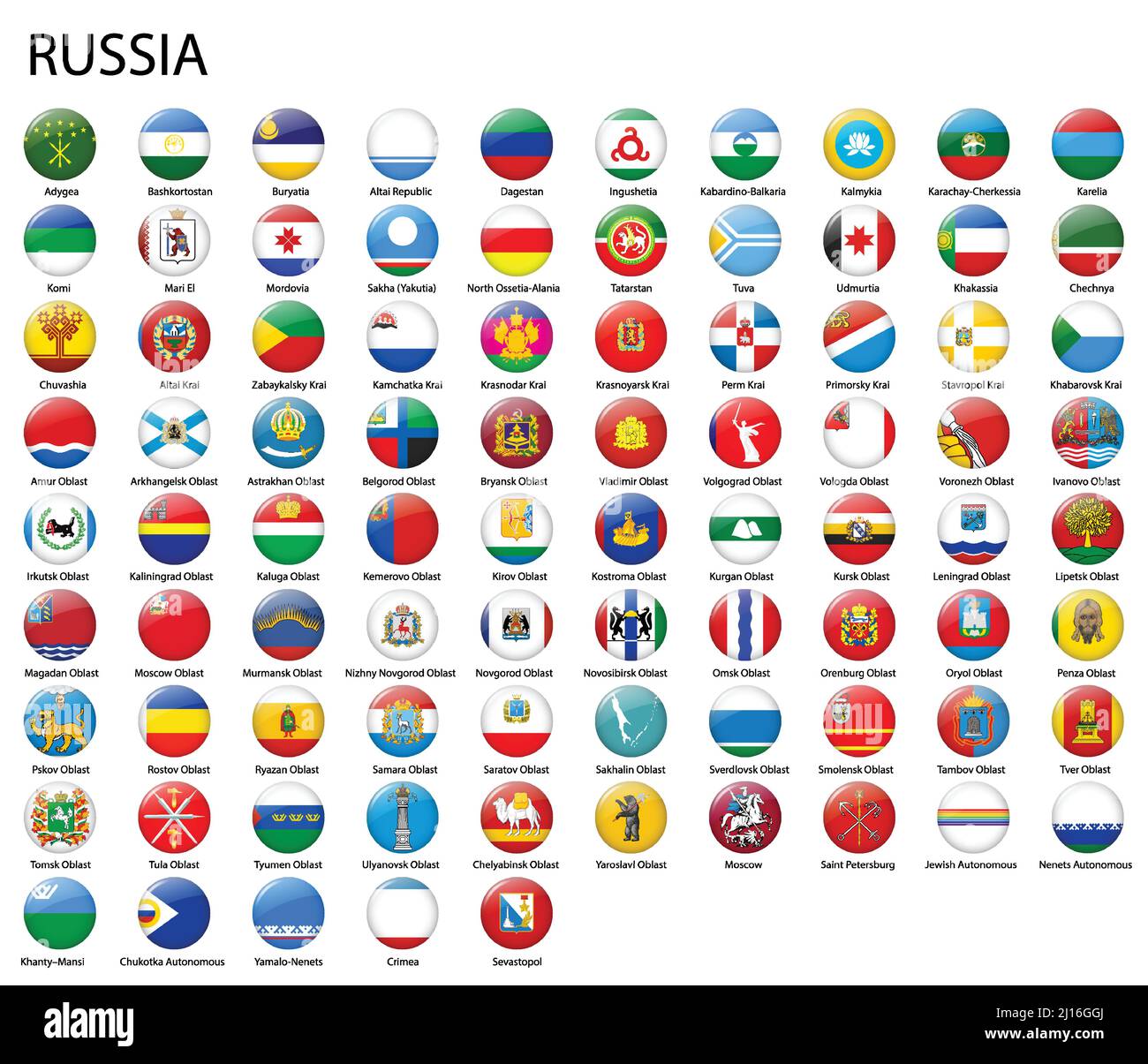 Tous les drapeaux des régions de Russie. Motif bouton brillant Illustration de Vecteur