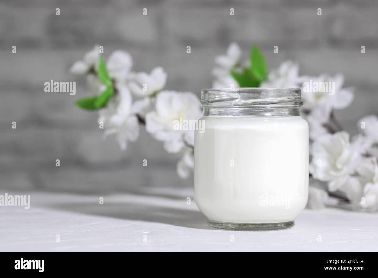 Boisson au kéfir au lait probiotique biologique ou yaourt grec dans un pot en verre, sur fond gris blanc. Santé intestinale. Boisson laitière fermentée froide probiotique. Tendance Banque D'Images