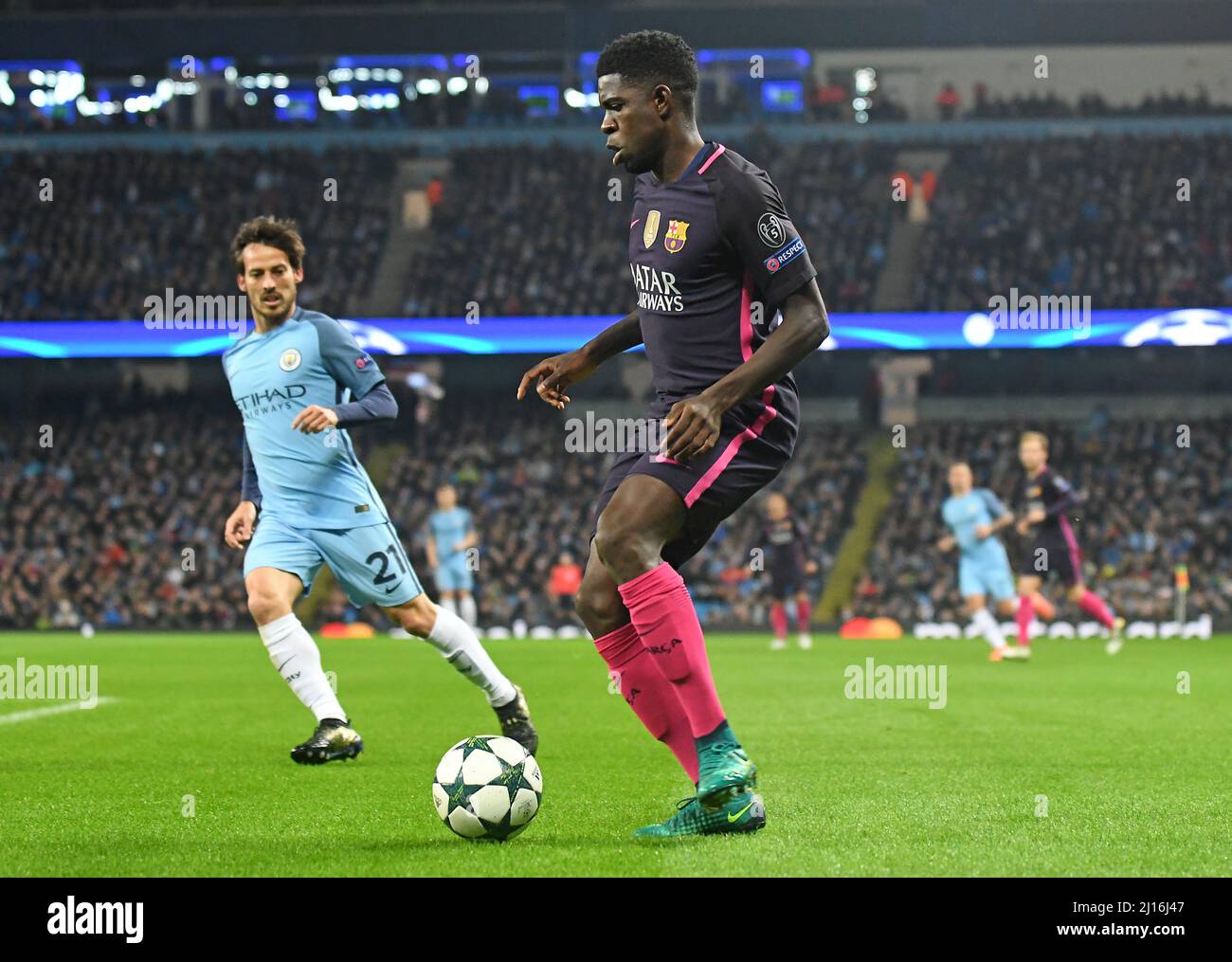 MANCHESTER, ANGLETERRE - 1 NOVEMBRE 2016 : Samuel Umtiti de Barcelone photographié en action lors du match du groupe C de la Ligue des champions de l'UEFA entre Manchester City et le FC Barcelone au stade de la ville de Manchester. Copyright: Cosmin Iftode/Picstaff Banque D'Images