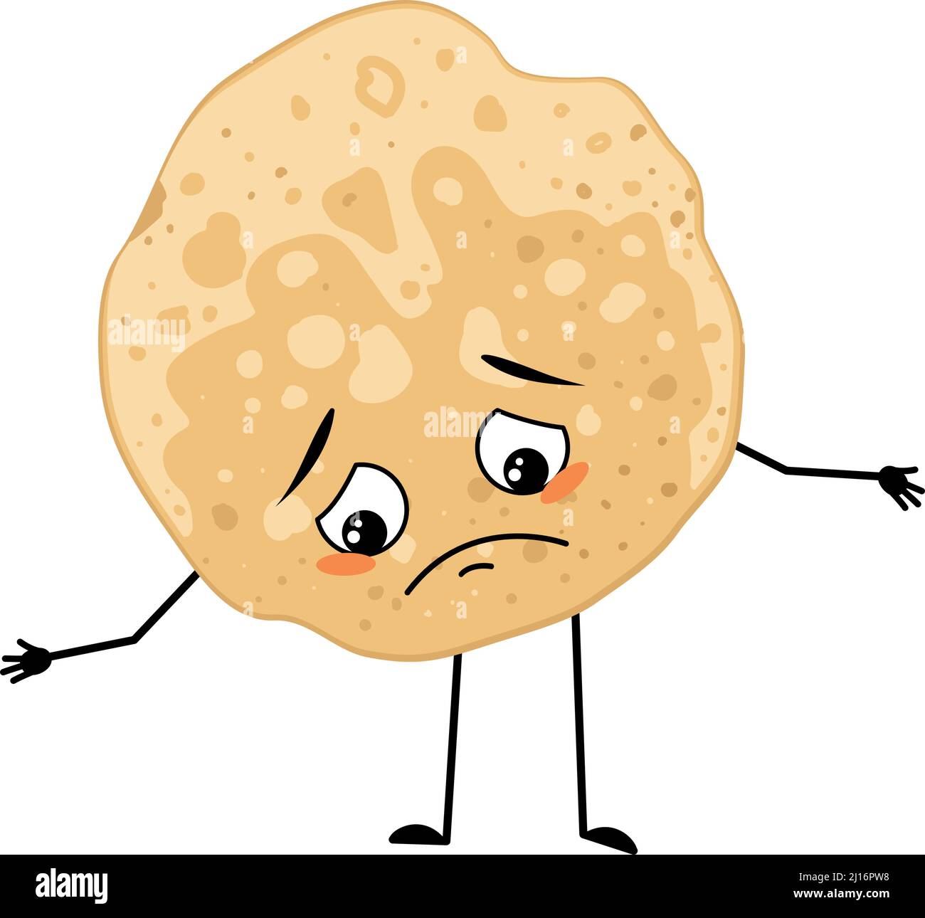 Caractère pancake avec des émotions tristes, visage déprimé, les yeux, les bras et les jambes. Pâtisserie, pâtisserie maison avec expression mélancolique. Émoticône alimentaire pour le carnaval ou Maslenitsa Illustration de Vecteur