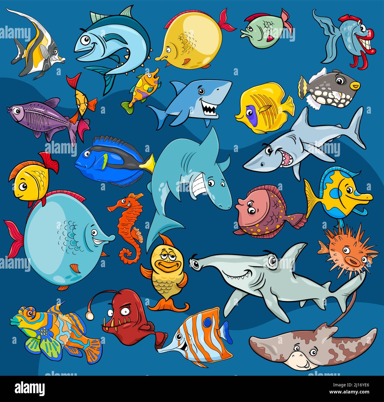 Dessins animés illustrations de poissons mer vie animal personnages arrière-plan Illustration de Vecteur