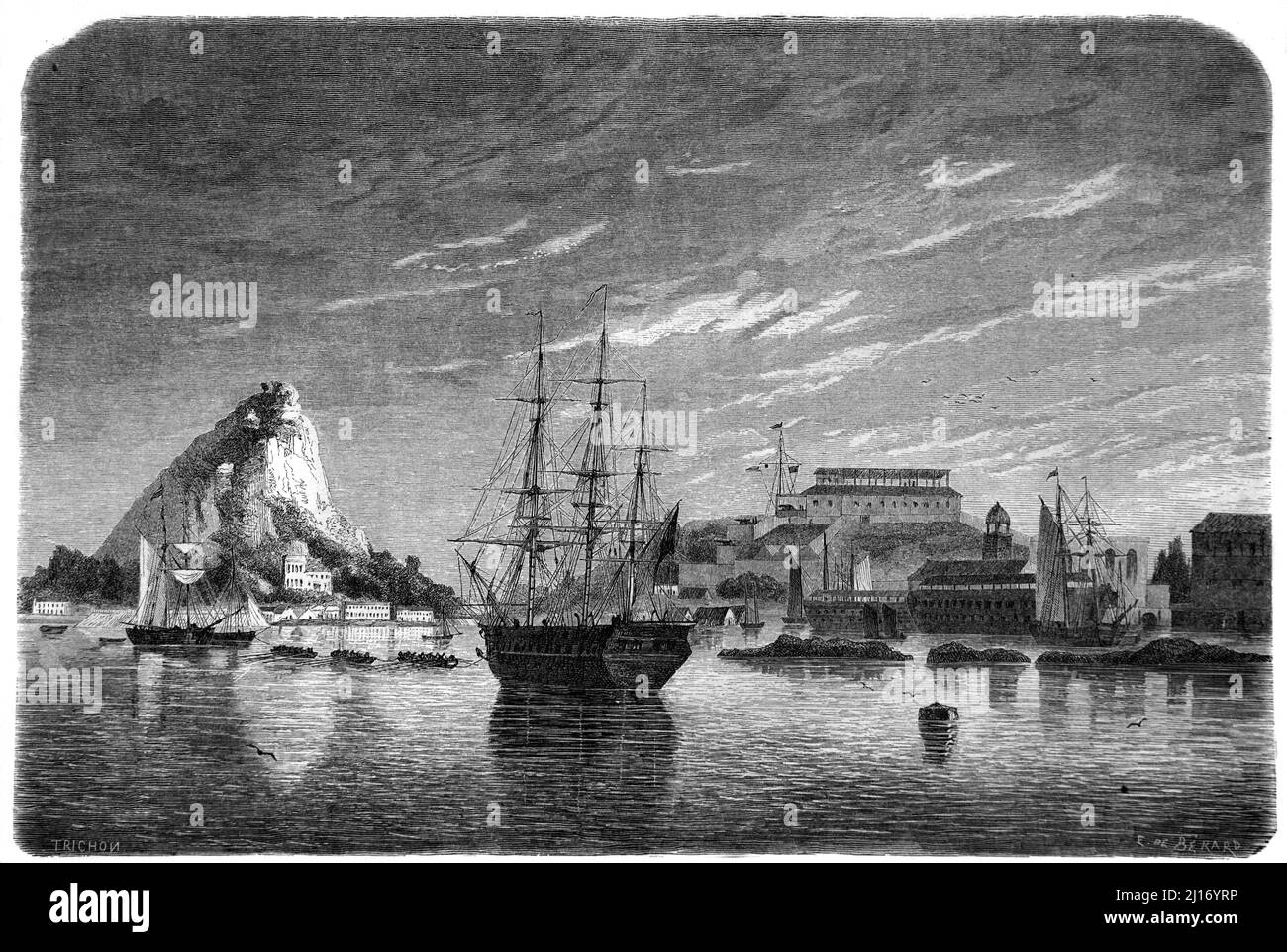 Vue tôt ou vue historique de la ville de St George montrant la baie, le port, le port et le Vieux fort George Bermudes. Illustration ancienne ou gravure 1860. Banque D'Images