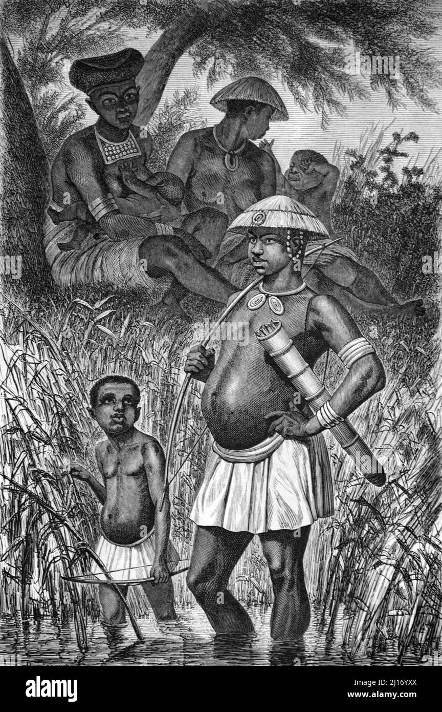 Personnes indigées ou chasseurs de cueilleurs africains avec l'homme tenant Bow et flèches de Tanzanie. Illustration ancienne ou gravure 1860. Banque D'Images