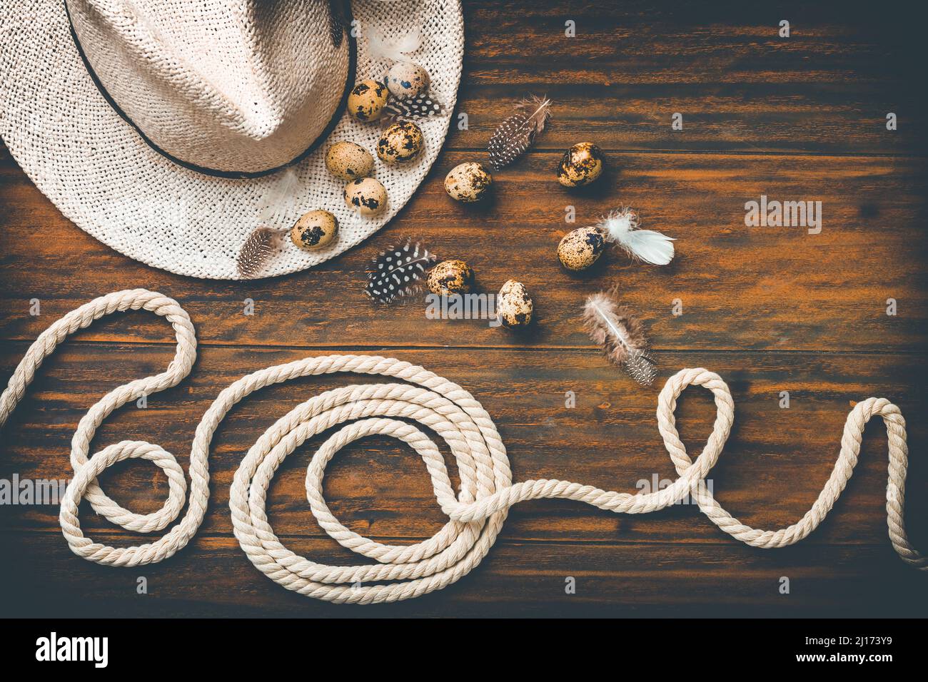 La vie de printemps et de campagne, Pâques encore la vie avec des oeufs de  caille, chapeau et corde sur fond de bois Photo Stock - Alamy