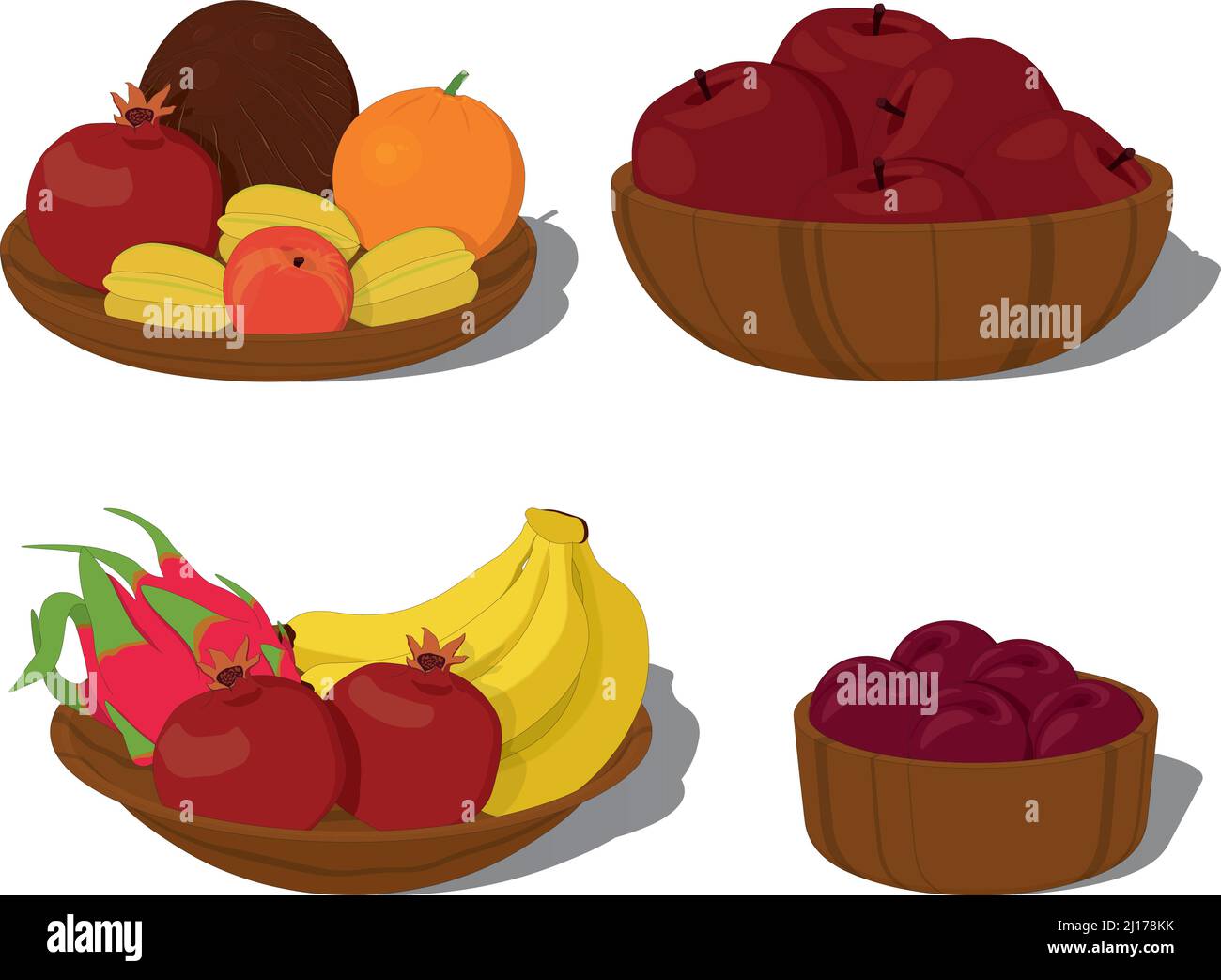 Collection STILL Life, fruits mûrs dans des bols en bois et des assiettes illustration vectorielle Illustration de Vecteur