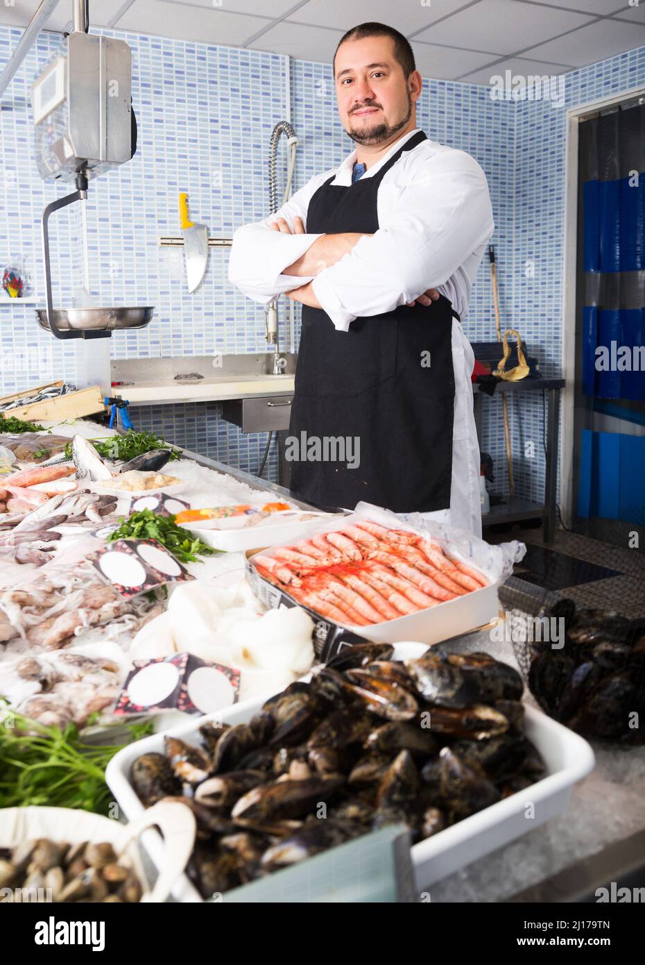 Homme adulte positif en tablier noir debout près de comptoir de poissons et de produit Banque D'Images