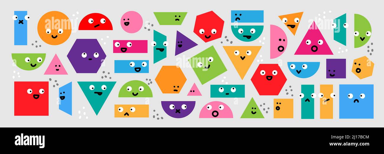 Ensemble vectoriel de formes géométriques multicolores. Personnages et gribouillages humoristiques et amusants. Fond de dessin animé, design Illustration de Vecteur