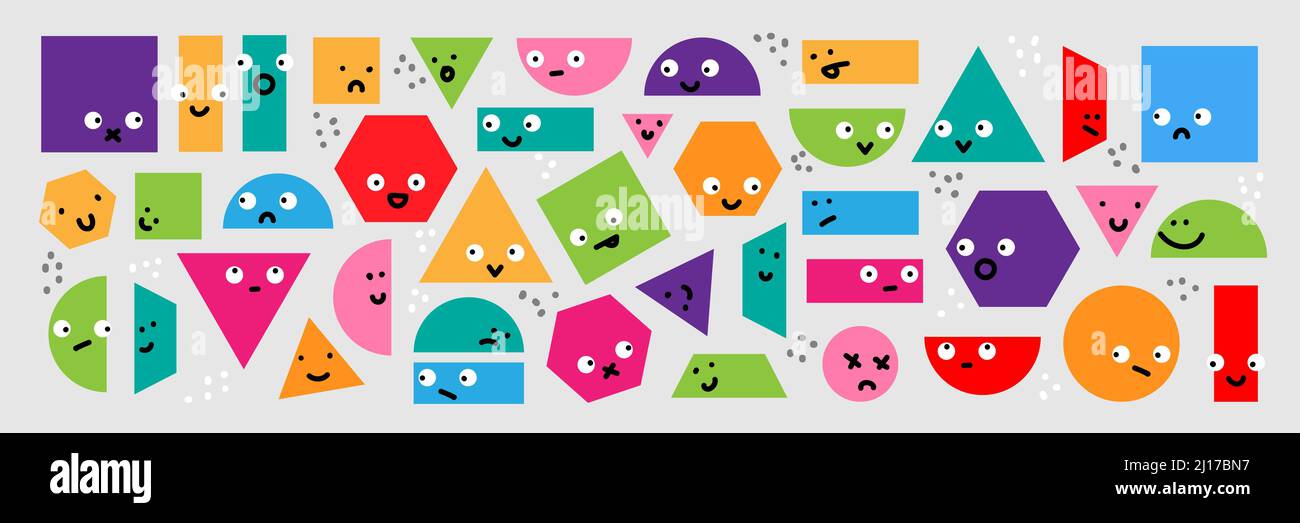 Ensemble vectoriel de formes géométriques multicolores. Personnages et gribouillages humoristiques et amusants. Fond de dessin animé, design Illustration de Vecteur