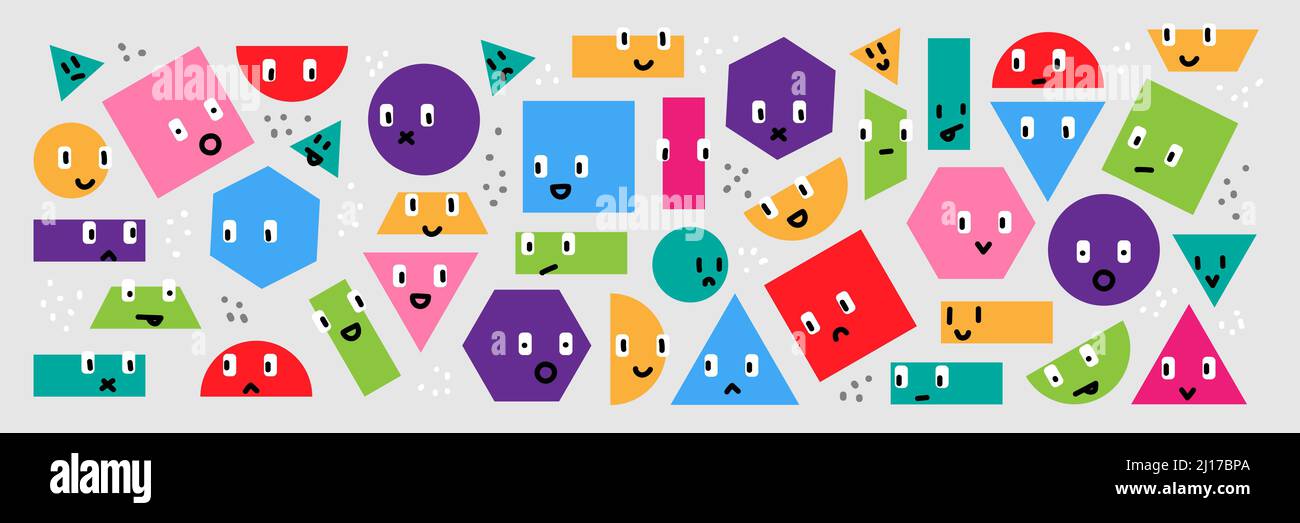 Ensemble vectoriel de formes géométriques multicolores. Personnages et gribouillages humoristiques et amusants. Fond de dessin animé, design Illustration de Vecteur