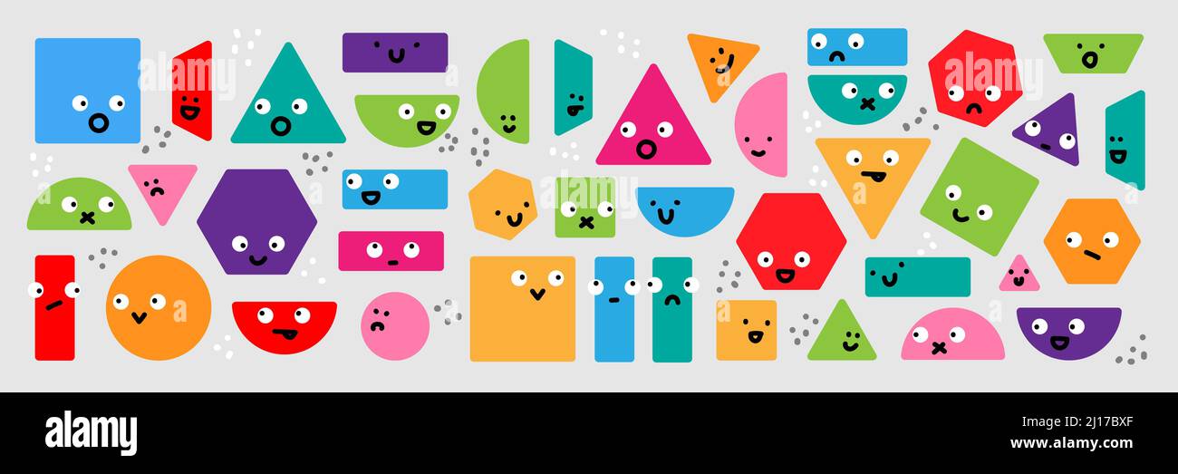 Ensemble vectoriel de formes géométriques multicolores. Personnages et gribouillages humoristiques et amusants. Fond de dessin animé, design Illustration de Vecteur