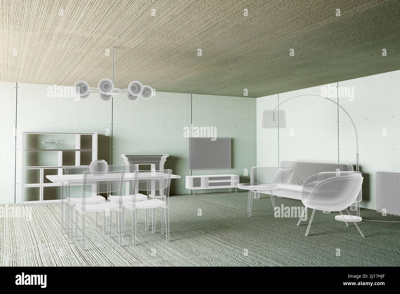 Rendu tridimensionnel de la salle de séjour avec meubles projetés Banque D'Images
