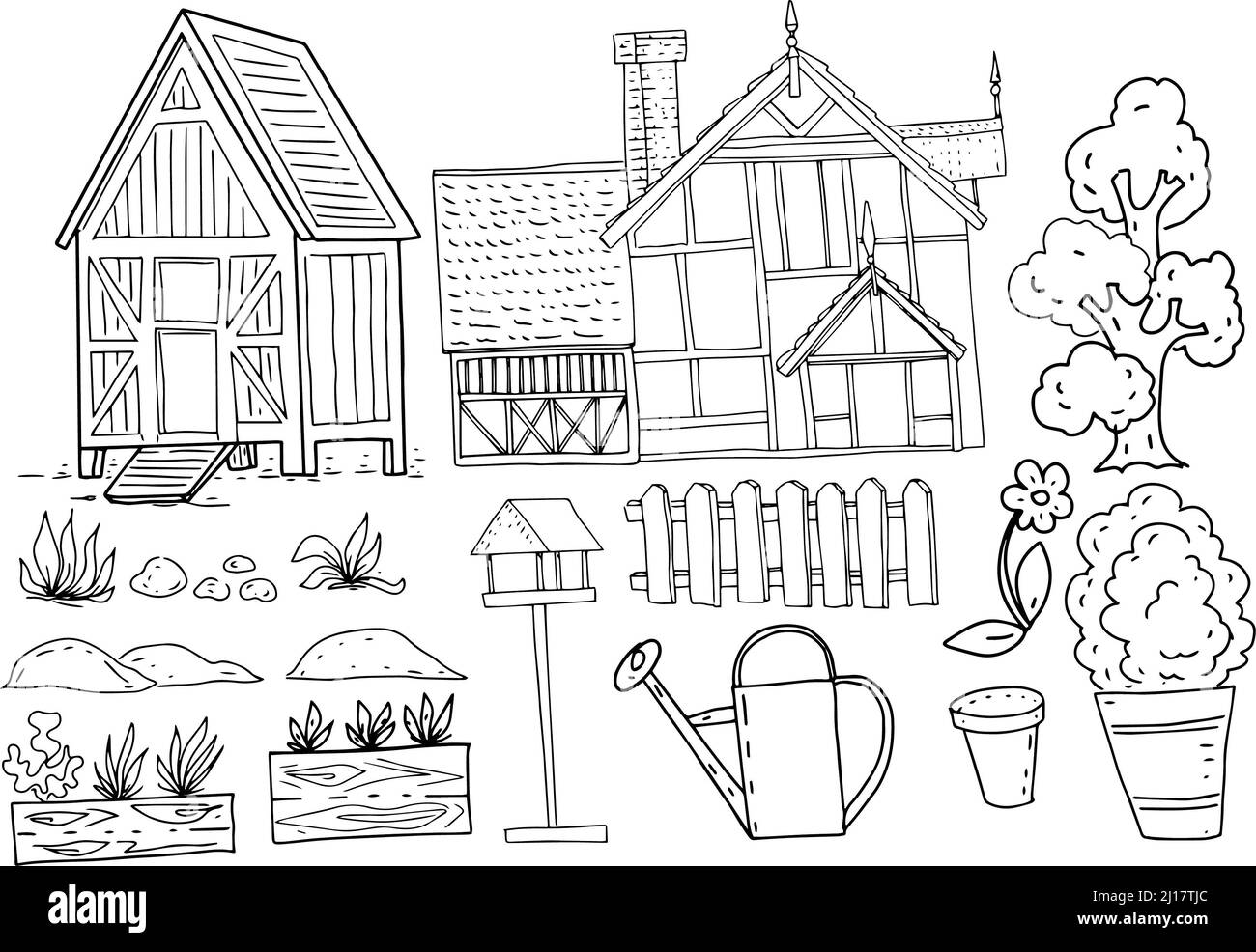 Village chalets ferme illustration graphique ensemble dessiné à la main éléments isolés sur fond blanc Banque D'Images Village chalets ferme illustration graphique ensemble dessiné à la main éléments isolés sur fond blanc Banque D'Images