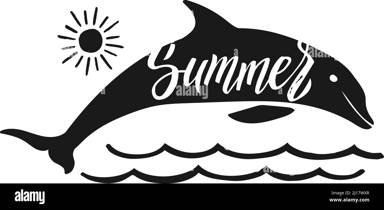 Logo été. Dauphin sautant au-dessus des vagues de la mer en plein soleil Illustration de Vecteur