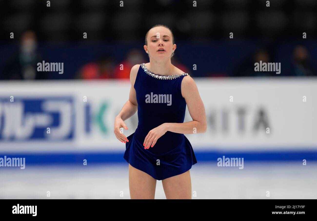 Stade Sud de France, Montpellier, France. 23rd mars 2022. Mariah Bell des États-Unis d'Amérique pendant le programme court féminin, Championnat du monde de patinage artistique au Sud de France Arena, Montpellier, France. Kim Price/CSM/Alamy Live News Banque D'Images
