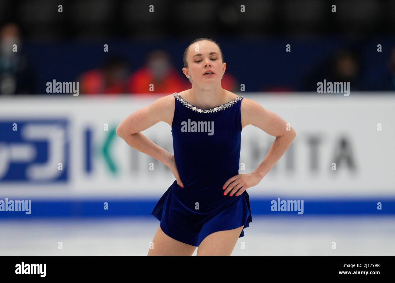 Stade Sud de France, Montpellier, France. 23rd mars 2022. Mariah Bell des États-Unis d'Amérique pendant le programme court féminin, Championnat du monde de patinage artistique au Sud de France Arena, Montpellier, France. Kim Price/CSM/Alamy Live News Banque D'Images