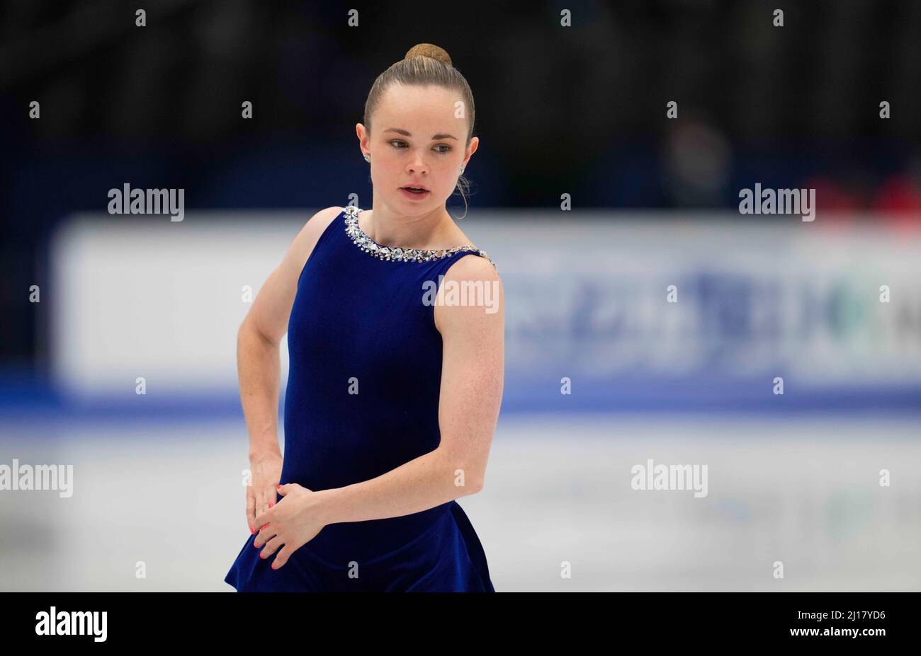Stade Sud de France, Montpellier, France. 23rd mars 2022. Mariah Bell des États-Unis d'Amérique pendant le programme court féminin, Championnat du monde de patinage artistique au Sud de France Arena, Montpellier, France. Kim Price/CSM/Alamy Live News Banque D'Images