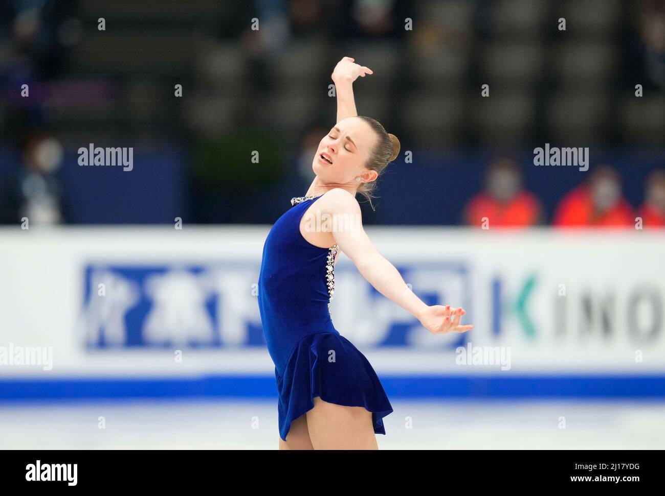 Stade Sud de France, Montpellier, France. 23rd mars 2022. Mariah Bell des États-Unis d'Amérique pendant le programme court féminin, Championnat du monde de patinage artistique au Sud de France Arena, Montpellier, France. Kim Price/CSM/Alamy Live News Banque D'Images