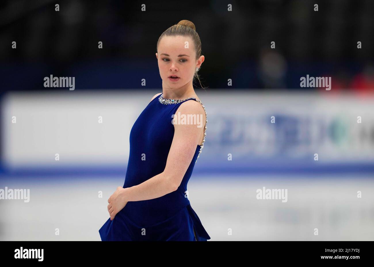 Stade Sud de France, Montpellier, France. 23rd mars 2022. Mariah Bell des États-Unis d'Amérique pendant le programme court féminin, Championnat du monde de patinage artistique au Sud de France Arena, Montpellier, France. Kim Price/CSM/Alamy Live News Banque D'Images