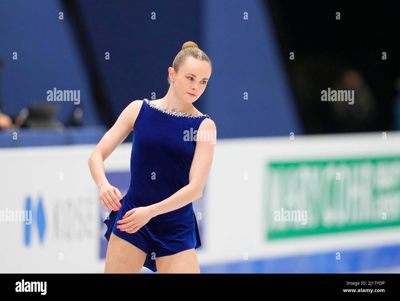 Stade Sud de France, Montpellier, France. 23rd mars 2022. Mariah Bell des États-Unis d'Amérique pendant le programme court féminin, Championnat du monde de patinage artistique au Sud de France Arena, Montpellier, France. Kim Price/CSM/Alamy Live News Banque D'Images