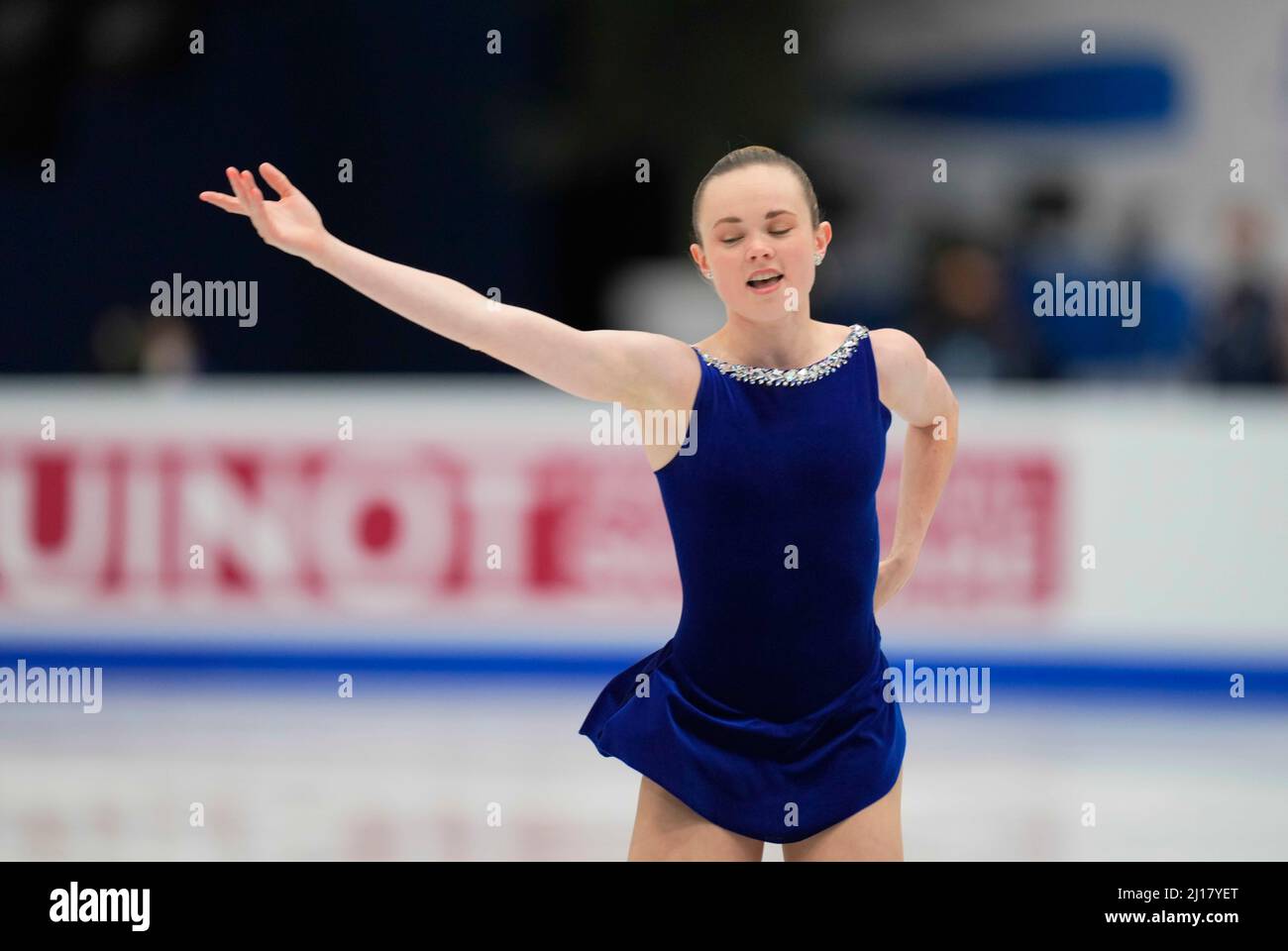 Stade Sud de France, Montpellier, France. 23rd mars 2022. Mariah Bell des États-Unis d'Amérique pendant le programme court féminin, Championnat du monde de patinage artistique au Sud de France Arena, Montpellier, France. Kim Price/CSM/Alamy Live News Banque D'Images