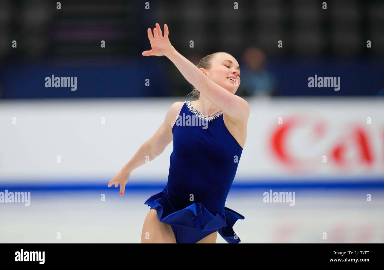 Stade Sud de France, Montpellier, France. 23rd mars 2022. Mariah Bell des États-Unis d'Amérique pendant le programme court féminin, Championnat du monde de patinage artistique au Sud de France Arena, Montpellier, France. Kim Price/CSM/Alamy Live News Banque D'Images