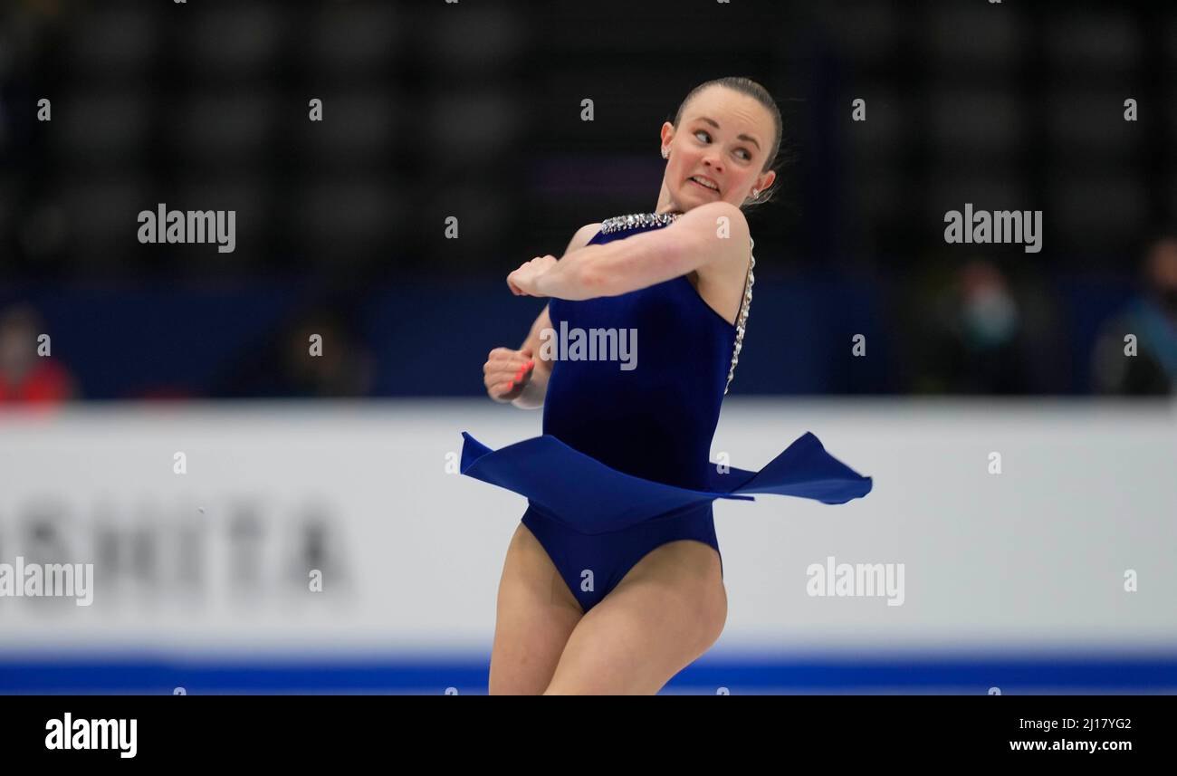 Stade Sud de France, Montpellier, France. 23rd mars 2022. Mariah Bell des États-Unis d'Amérique pendant le programme court féminin, Championnat du monde de patinage artistique au Sud de France Arena, Montpellier, France. Kim Price/CSM/Alamy Live News Banque D'Images