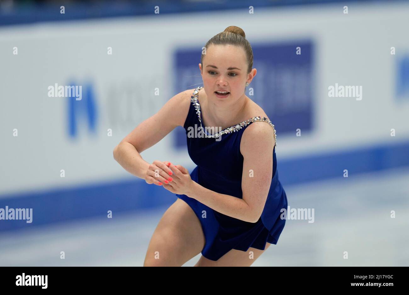 Stade Sud de France, Montpellier, France. 23rd mars 2022. Mariah Bell des États-Unis d'Amérique pendant le programme court féminin, Championnat du monde de patinage artistique au Sud de France Arena, Montpellier, France. Kim Price/CSM/Alamy Live News Banque D'Images