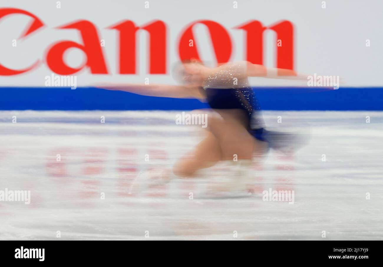 Stade Sud de France, Montpellier, France. 23rd mars 2022. Mariah Bell des États-Unis d'Amérique pendant le programme court féminin, Championnat du monde de patinage artistique au Sud de France Arena, Montpellier, France. Kim Price/CSM/Alamy Live News Banque D'Images