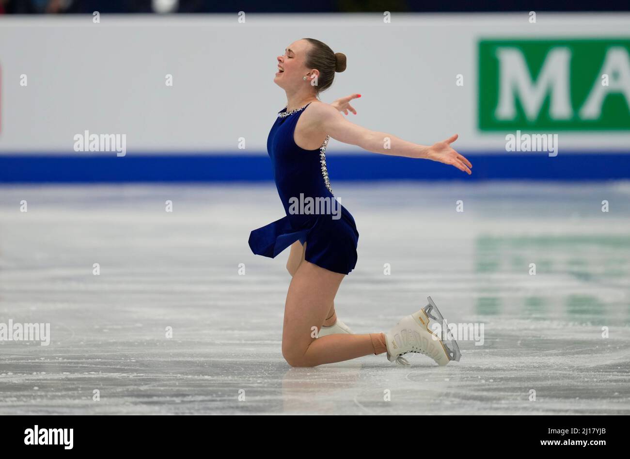 Stade Sud de France, Montpellier, France. 23rd mars 2022. Mariah Bell des États-Unis d'Amérique pendant le programme court féminin, Championnat du monde de patinage artistique au Sud de France Arena, Montpellier, France. Kim Price/CSM/Alamy Live News Banque D'Images