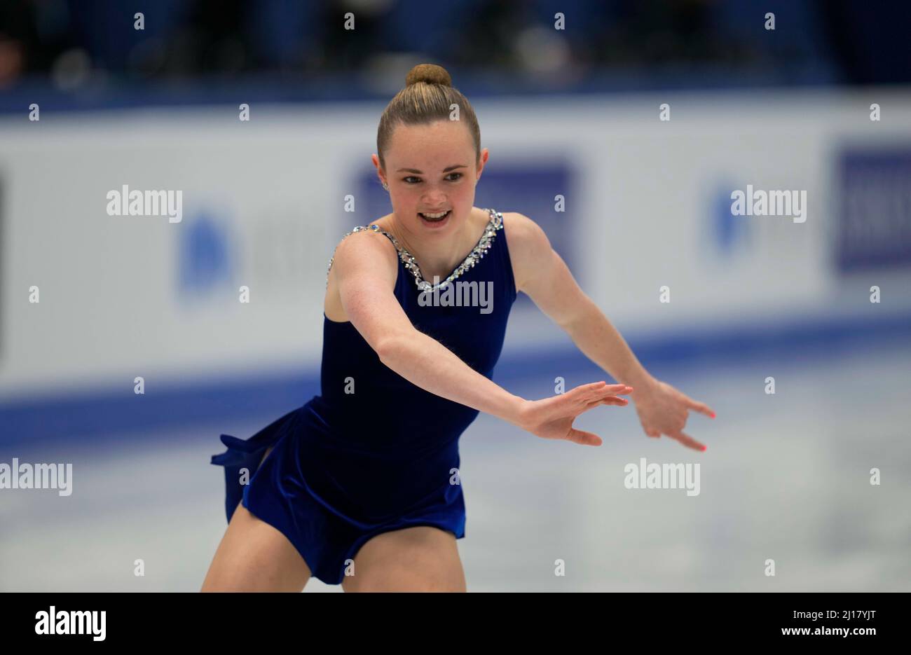 Stade Sud de France, Montpellier, France. 23rd mars 2022. Mariah Bell des États-Unis d'Amérique pendant le programme court féminin, Championnat du monde de patinage artistique au Sud de France Arena, Montpellier, France. Kim Price/CSM/Alamy Live News Banque D'Images