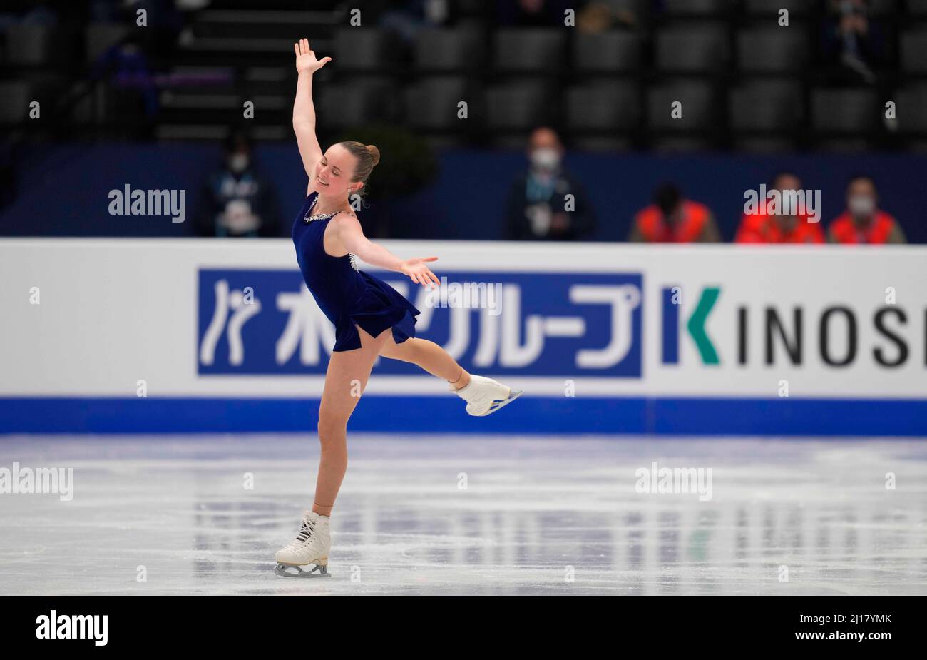 Stade Sud de France, Montpellier, France. 23rd mars 2022. Mariah Bell des États-Unis d'Amérique pendant le programme court féminin, Championnat du monde de patinage artistique au Sud de France Arena, Montpellier, France. Kim Price/CSM/Alamy Live News Banque D'Images