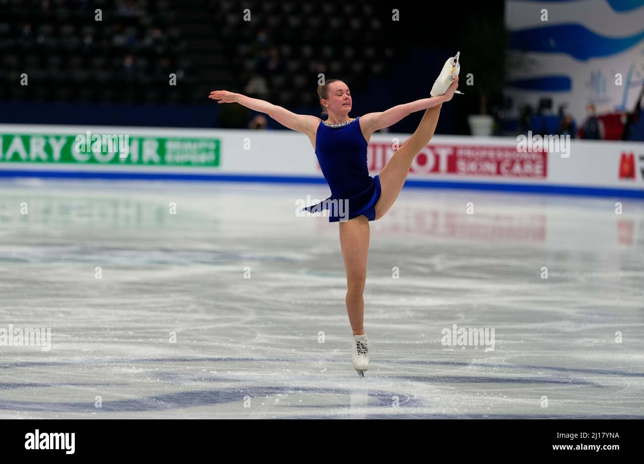 Stade Sud de France, Montpellier, France. 23rd mars 2022. Mariah Bell des États-Unis d'Amérique pendant le programme court féminin, Championnat du monde de patinage artistique au Sud de France Arena, Montpellier, France. Kim Price/CSM/Alamy Live News Banque D'Images