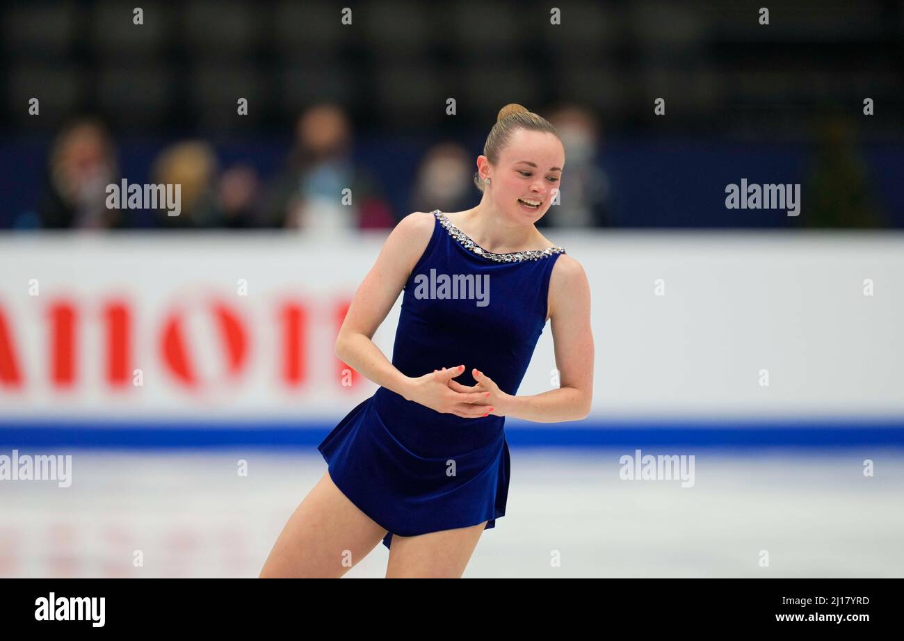 Stade Sud de France, Montpellier, France. 23rd mars 2022. Mariah Bell des États-Unis d'Amérique pendant le programme court féminin, Championnat du monde de patinage artistique au Sud de France Arena, Montpellier, France. Kim Price/CSM/Alamy Live News Banque D'Images