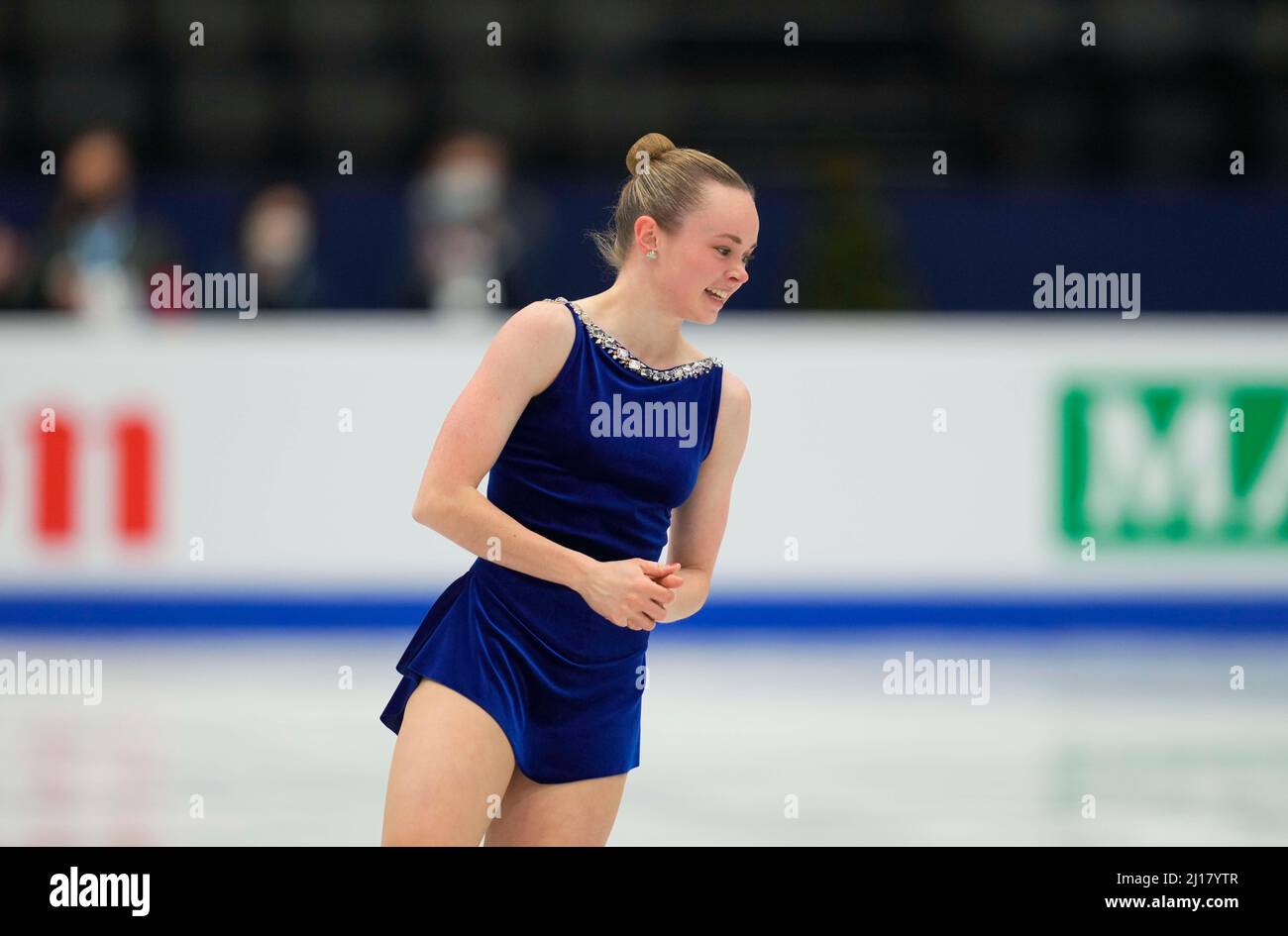 Stade Sud de France, Montpellier, France. 23rd mars 2022. Mariah Bell des États-Unis d'Amérique pendant le programme court féminin, Championnat du monde de patinage artistique au Sud de France Arena, Montpellier, France. Kim Price/CSM/Alamy Live News Banque D'Images