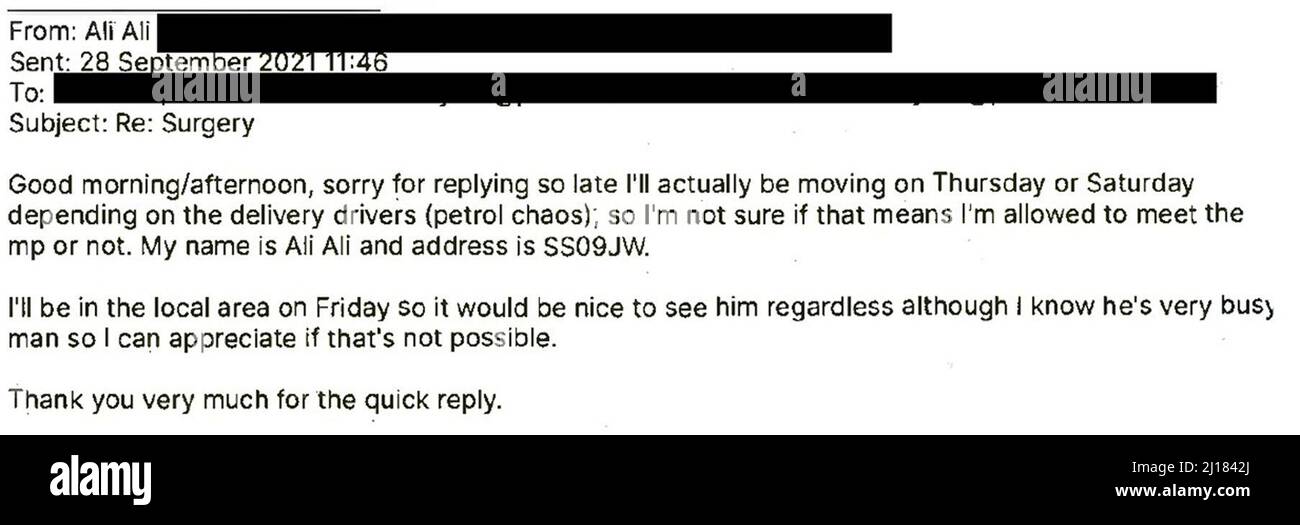 RÉDACTION FAITE À LA SOURCE document sans date émis par la police métropolitaine de contact par courriel entre Ali Harbi Ali et le bureau de Sir David Amess qui a été montré au jury à l'Old Bailey, Londres, Dans le procès d'Ali Harbi Ali accusé d'avoir tué le député conservateur vétéran alors qu'il a tenu des réunions avec des électeurs dans un bâtiment d'église l'année dernière. L'homme de 26 ans nie avoir mortellement poignardé le député de Southend West lors d'une opération de circonscription à Leigh-on-Sea, dans l'Essex, le 15 octobre. Date de publication : le mercredi 23 mars 2022. Banque D'Images