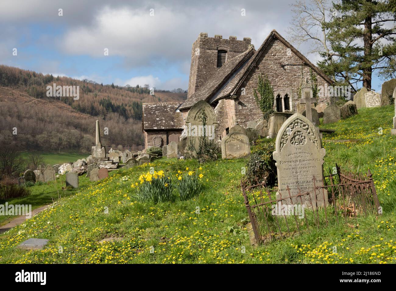 Église St Martin au printemps, Cwmyoy, Monbucshire, pays de Galles, Royaume-Uni, Europe Banque D'Images