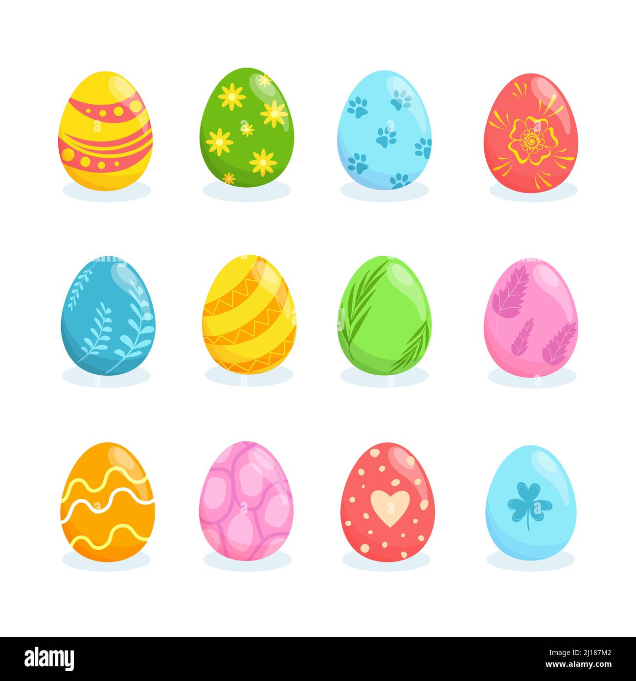 Oeufs de Pâques peints réalistes dans différentes couleurs avec différents ornements. Collection de jolis motifs vectoriels lumineux pour les imprimés et les publicités Illustration de Vecteur